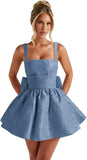 Jacquard Satin Homecoming Dresses for Teens Spaghetti Straps Short Prom Dress A-line Cocktail Party Gowns with Bow