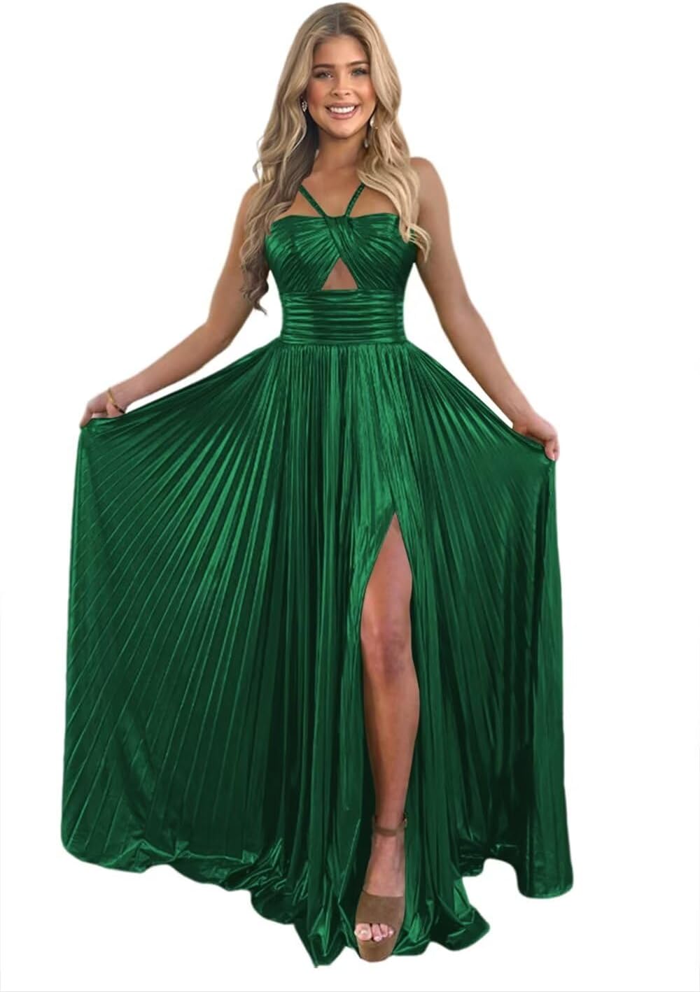 Vestido de fiesta de satén metálico brillante con abertura para mujer, vestido formal de noche plisado con cuello halter 