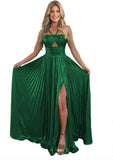 Vestido de fiesta de satén metálico brillante con abertura para mujer, vestido formal de noche plisado con cuello halter 