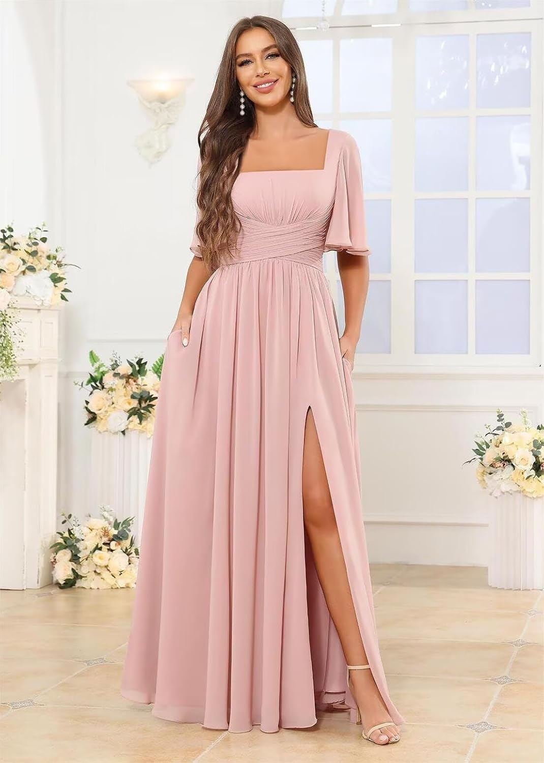 Square Neck Bridesmaid Dresses with Slit Pockets Flutter Sleeve Long Chiffon Formal Wedding Guest Dress