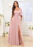 Square Neck Bridesmaid Dresses with Slit Pockets Flutter Sleeve Long Chiffon Formal Wedding Guest Dress