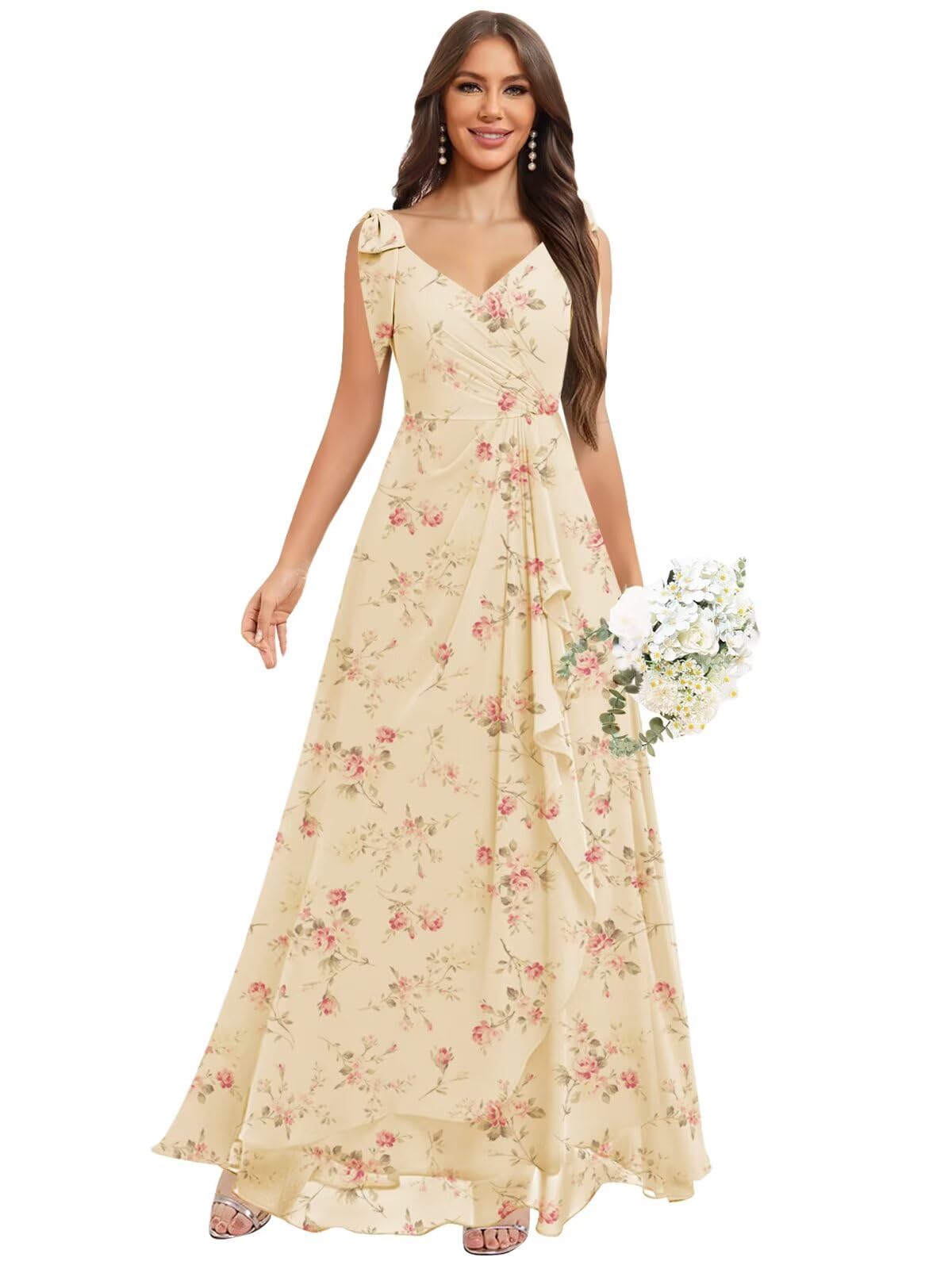 Chiffon Bridesmaid Dresses for Women Ruffles V Neck Flowy Long Formal Evening Dress with Bow