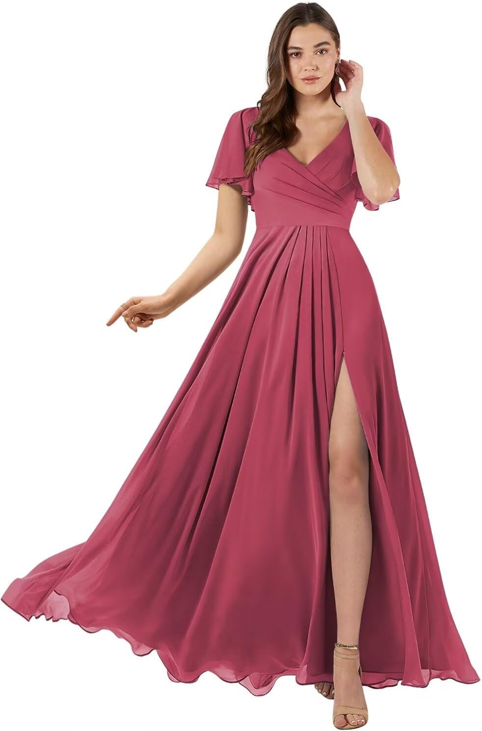 Damen Brautjungfernkleider mit Flatterärmeln, lang, mit Schlitz, V-Ausschnitt, Chiffon, formelle Kleider 