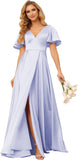 Women's V Neck Ruffle Sleeves Bridesmaid Dresses with Slit 2025 Satin A-Line Formal Evening Gowns