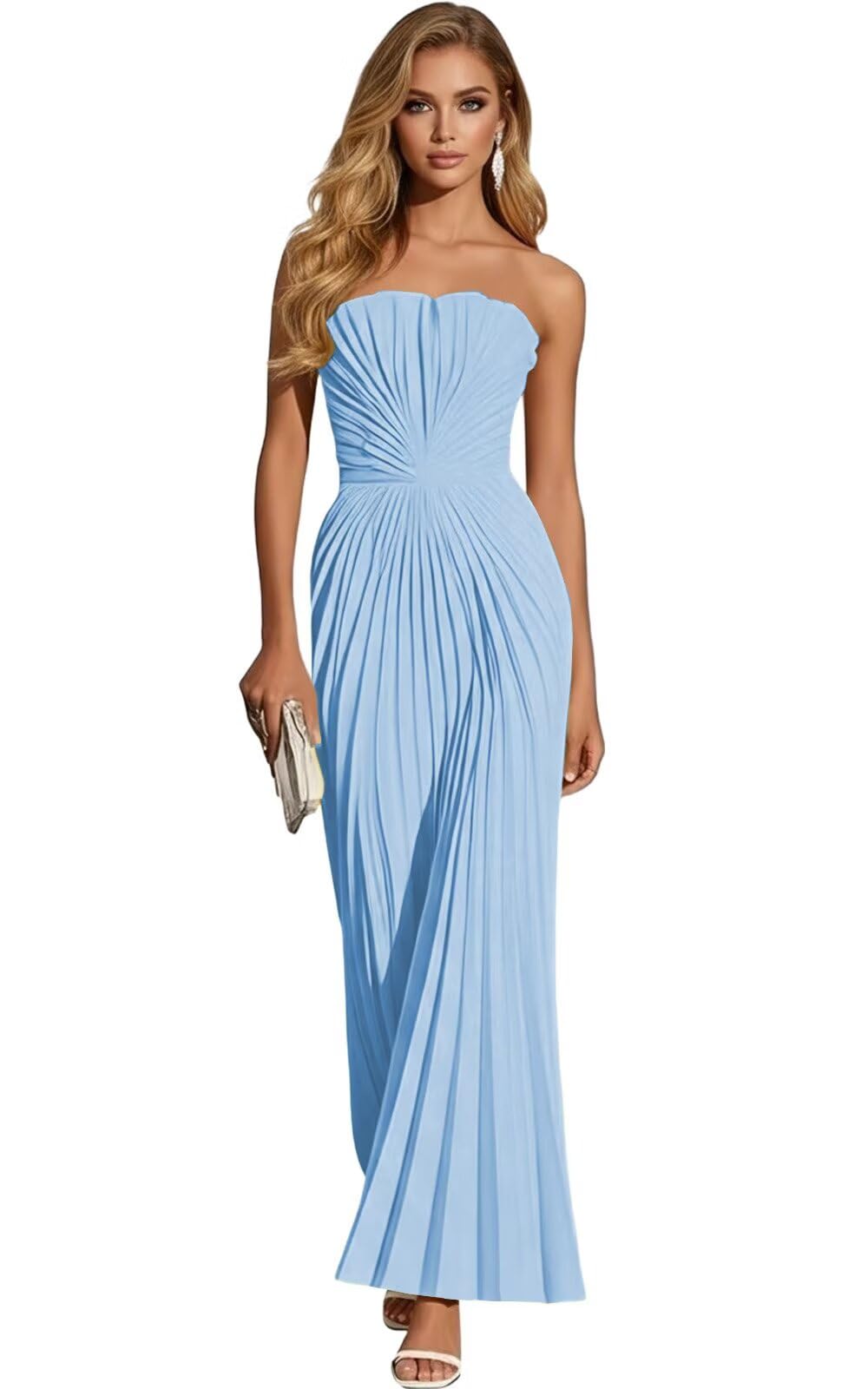 Women's Strapless Pleated Bridesmaid Dress Elegant Sweetheart Neck Formal Prom Gown for Wedding Guest
