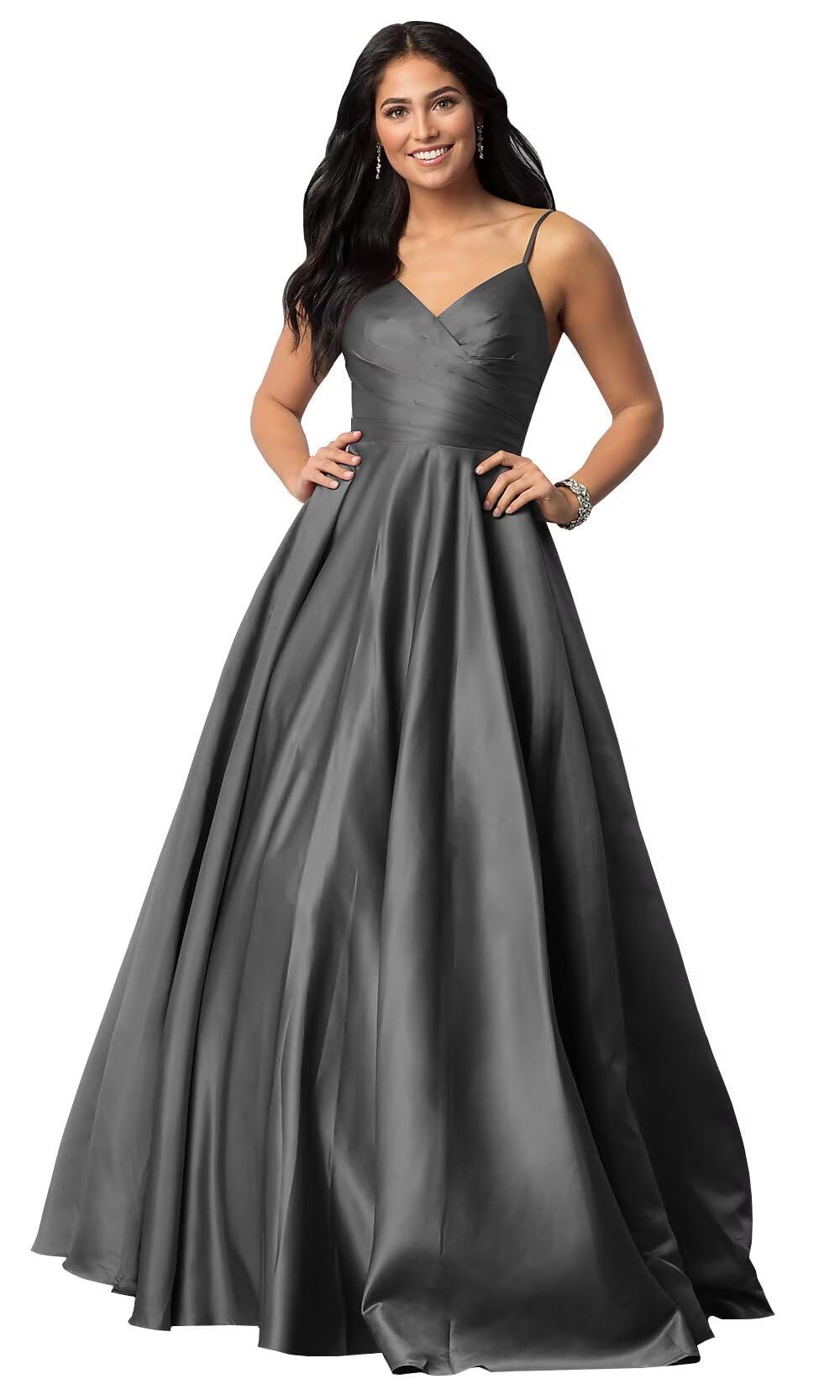 Spaghetti Straps Satin Prom Dresses for Women Long with Pockets Pleated Formal Evening Gowns
