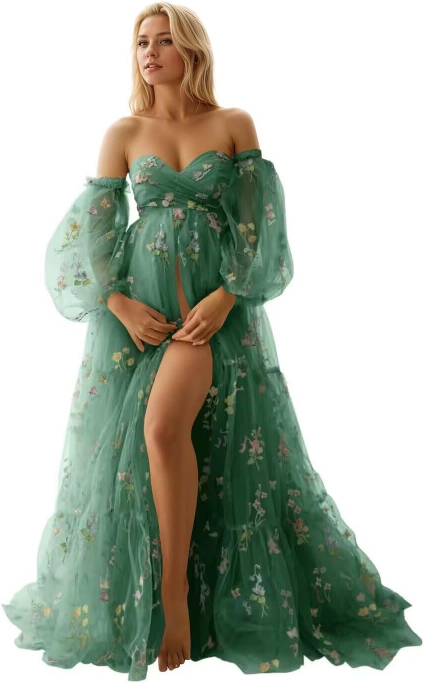 Flower Embroidery Tulle Maternity Dresses for Photoshoot Long Puffy Sleeve Off Shoulder Pregnancy Baby Shower Dress