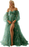 Flower Embroidery Tulle Maternity Dresses for Photoshoot Long Puffy Sleeve Off Shoulder Pregnancy Baby Shower Dress