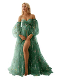 Kingbridal Gowns Flower Embroidery Tulle Maternity Dresses for Photoshoot Long Puffy Sleeve Off Shoulder Pregnancy Baby Shower Dress
