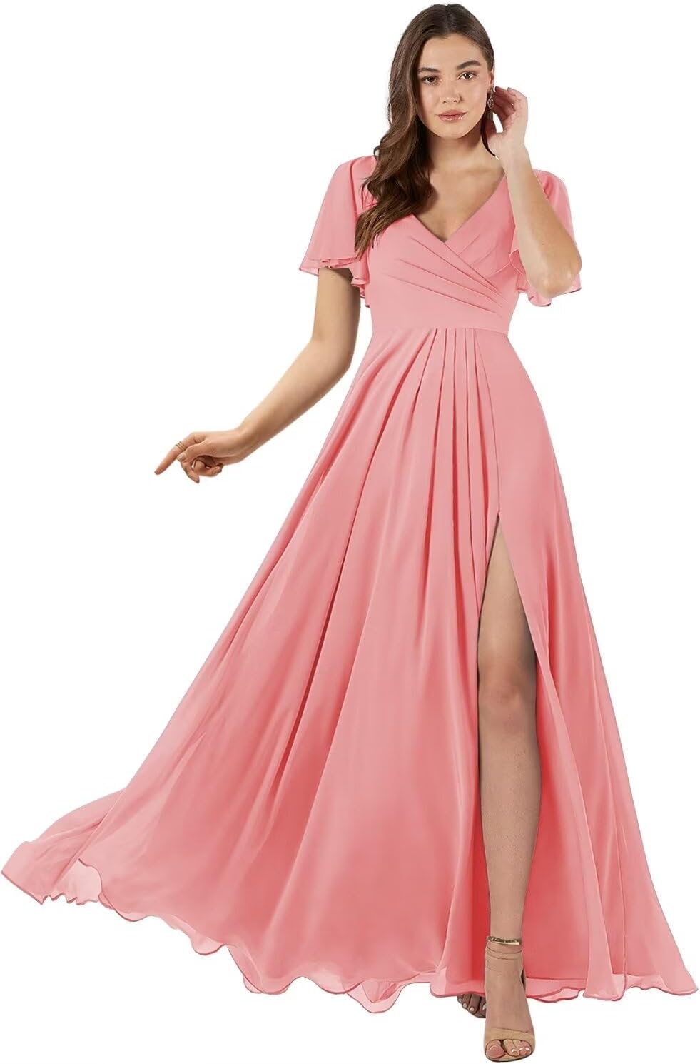 Damen Brautjungfernkleider mit Flatterärmeln, lang, mit Schlitz, V-Ausschnitt, Chiffon, formelle Kleider 