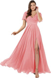 Damen Brautjungfernkleider mit Flatterärmeln, lang, mit Schlitz, V-Ausschnitt, Chiffon, formelle Kleider 