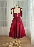 Satin Prom Dresses for Women Spaghetti Straps Corset A-Line Ball Formal Gowns Tea Length with Pockets