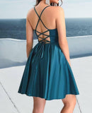 Women’s Short Satin Spaghetti Straps Formal Homecoming Dresses A Line Corset Puffy Prom Gown with Pockets for Teens