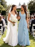 Chiffon Bridesmaid Dresses for Women Ruffles V Neck Flowy Long Formal Evening Dress with Bow