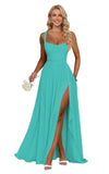 Ruffle Chiffon Bridesmaid Dress Long Square Neck Pleated Formal Gowns with Slit for Women Plus Size Spaghetti Straps Ruffles