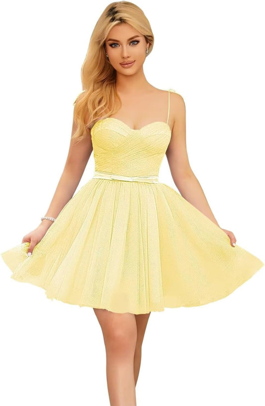 Vestidos cortos de tul brillante para adolescentes, con tirantes finos y corte en A, para fiesta de graduación.