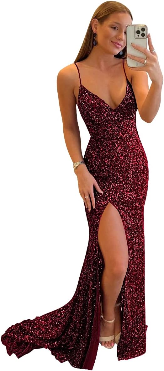 Women's Sequin Mermaid Prom Dresses with Slit Glitter Criss-Cross Long Formal Evening Gowns