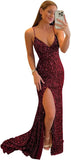 Women's Sequin Mermaid Prom Dresses with Slit Glitter Criss-Cross Long Formal Evening Gowns