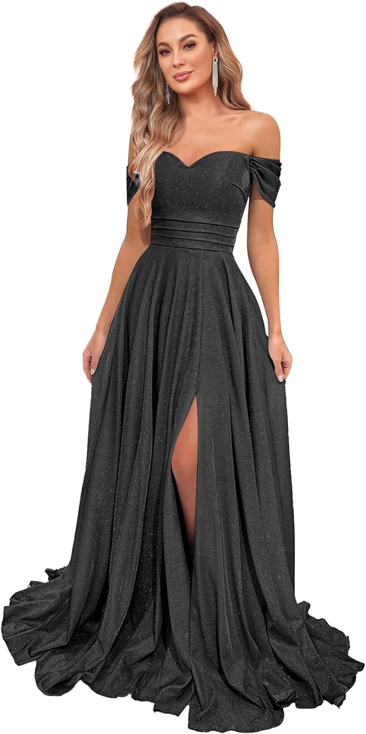 Women's Glittery Prom Dresses Long Ball Gown Off Shoulder High Slit Formal Evening Gowns with Pockets