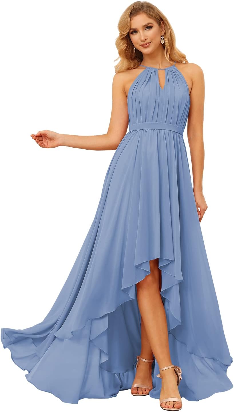 Damen Neckholder Brautjungfernkleider Lang mit Taschen High-Low Falten Formelles Kleid für Hochzeit 