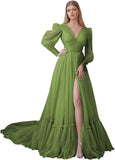 Puffy Sleeve Tulle Prom Dresses Long Ball Gown with Slit for Women 2027 V Neck Long Formal Evening Gowns