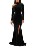 Mermaid Velvet Prom Dresses with Slit 2027 Long Sleeve Formal Dress for Women One Shoulder Evening Party Gowns