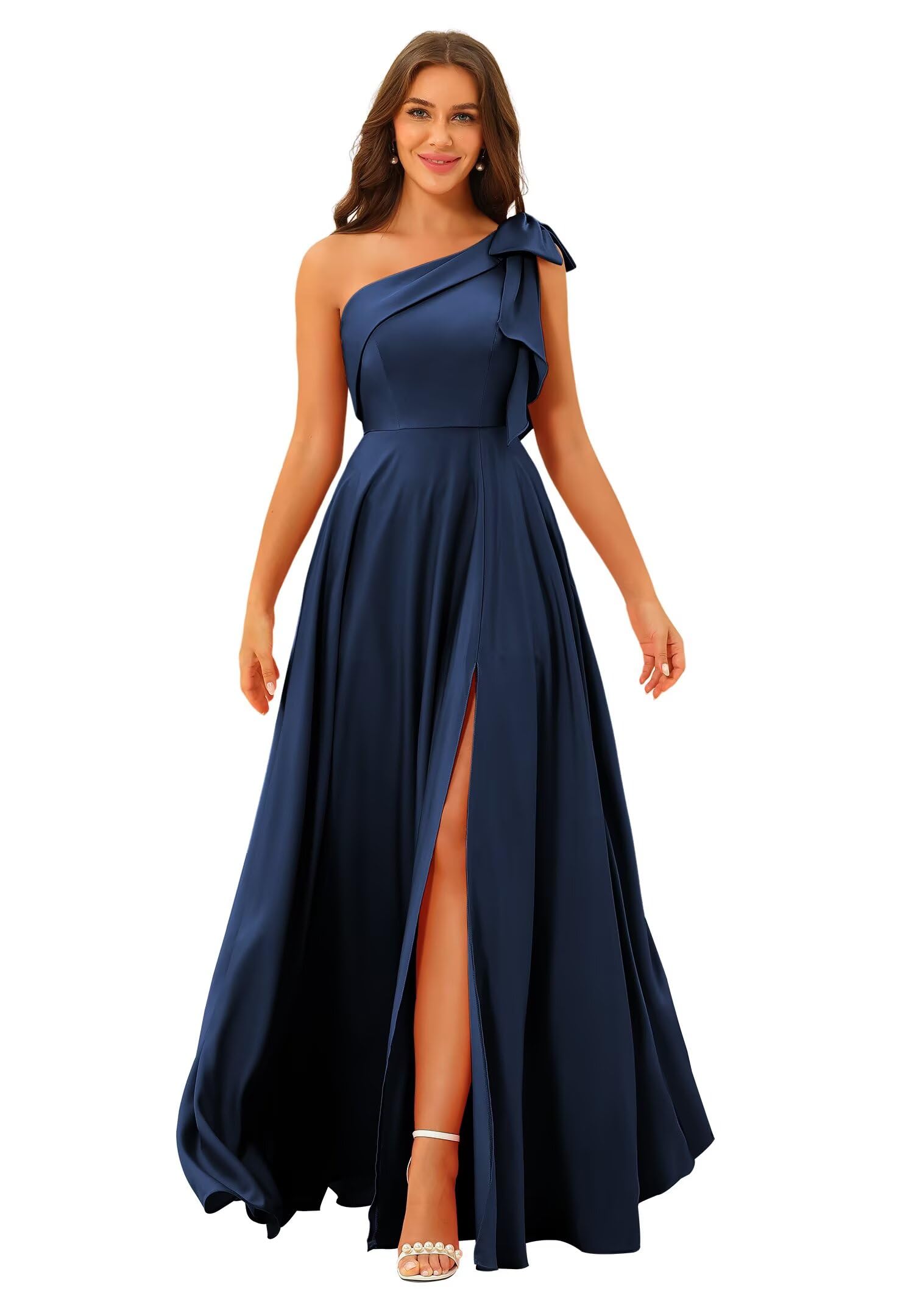 One Shoulder Bridesmaid Dresses Long for Women Satin Formal Gown Wedding Guest Dress