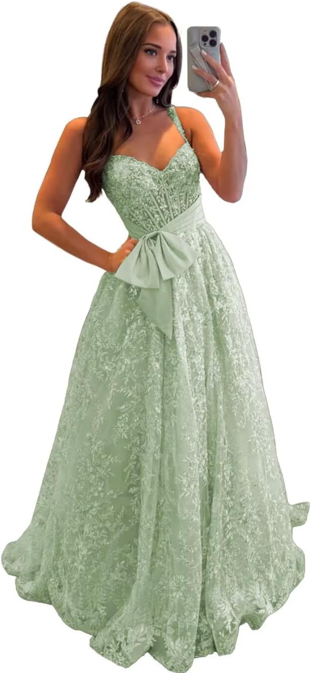 Lace Tulle Prom Dresses with Bow Appliques Corset A Line Long Formal Dress