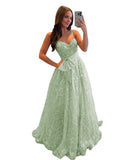 Lace Tulle Prom Dresses with Bow Appliques Corset A Line Long Formal Dress