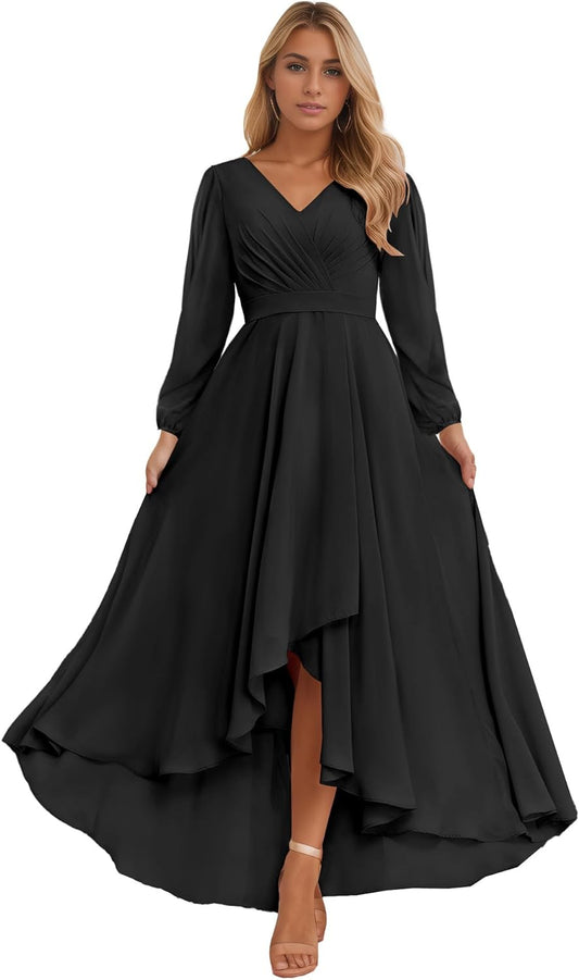 Langärmlige Brautjungfernkleider für Frauen 2025 V-Ausschnitt gerüschtes Chiffon-Abendkleid