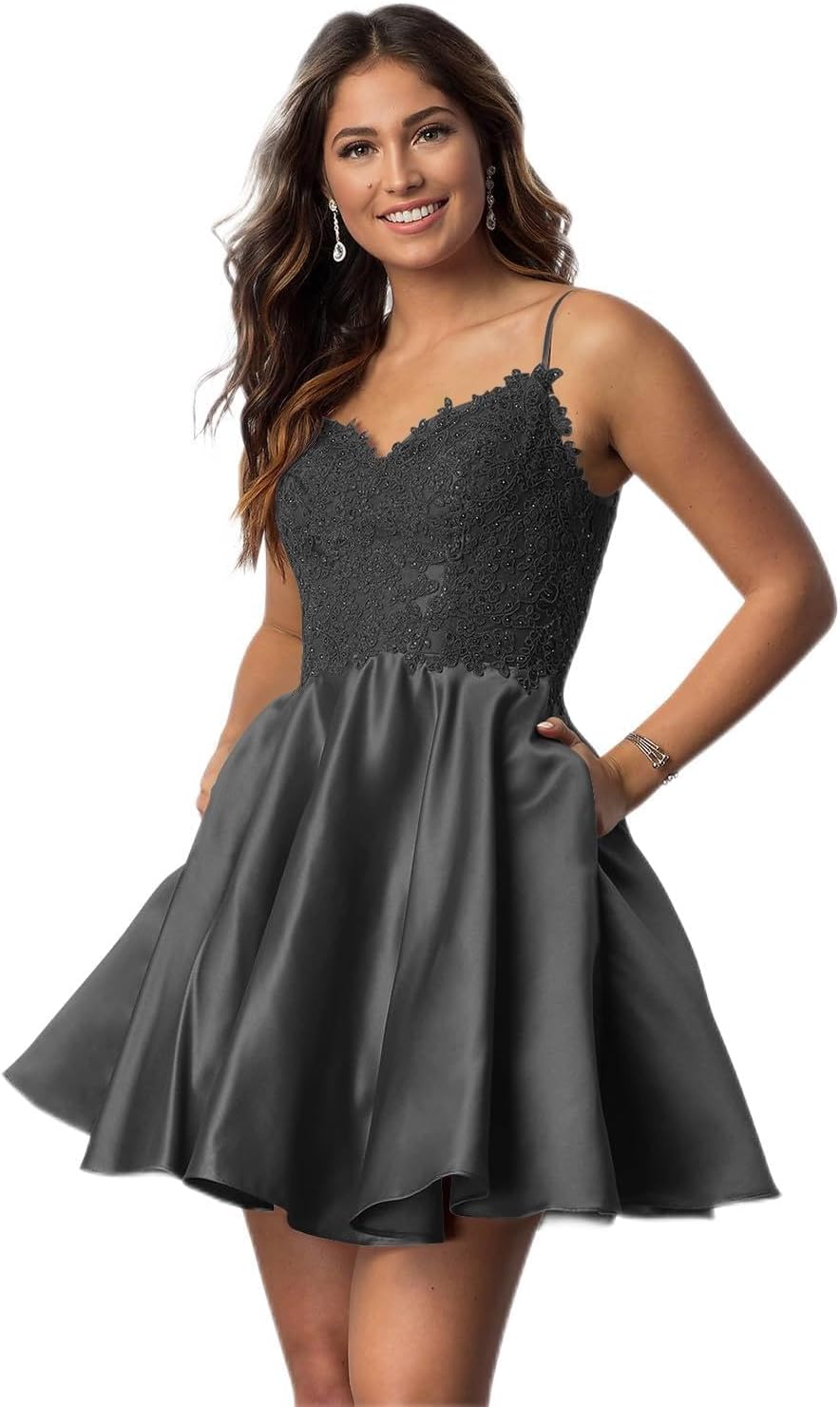 Vestidos cortos de fiesta con tirantes finos para jóvenes, con encaje, escote en V y bolsillos.