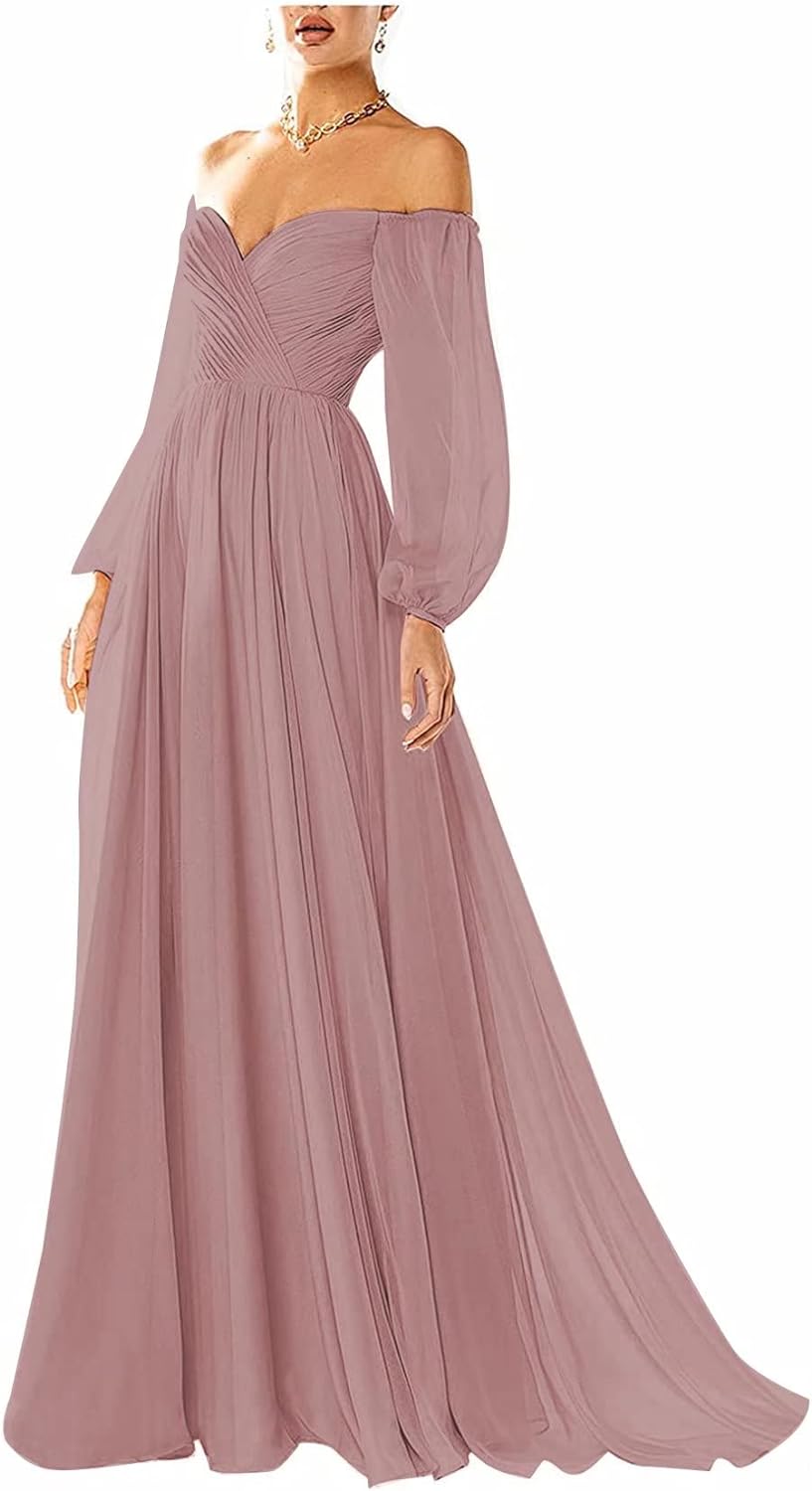 Vestido de fiesta con hombros descubiertos, manga larga, estilo formal, plisado, corte A, para mujer