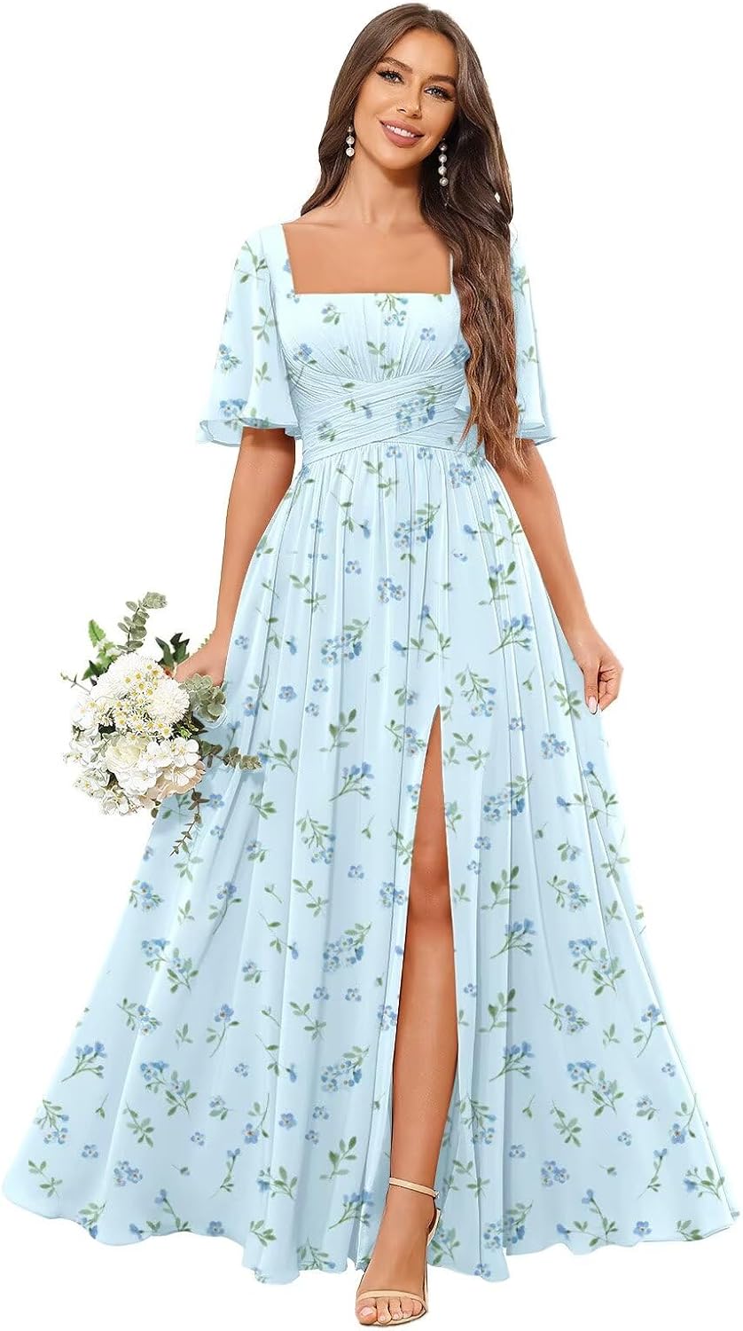 Square Neck Bridesmaid Dresses with Slit Pockets Flutter Sleeve Long Chiffon Formal Wedding Guest Dress