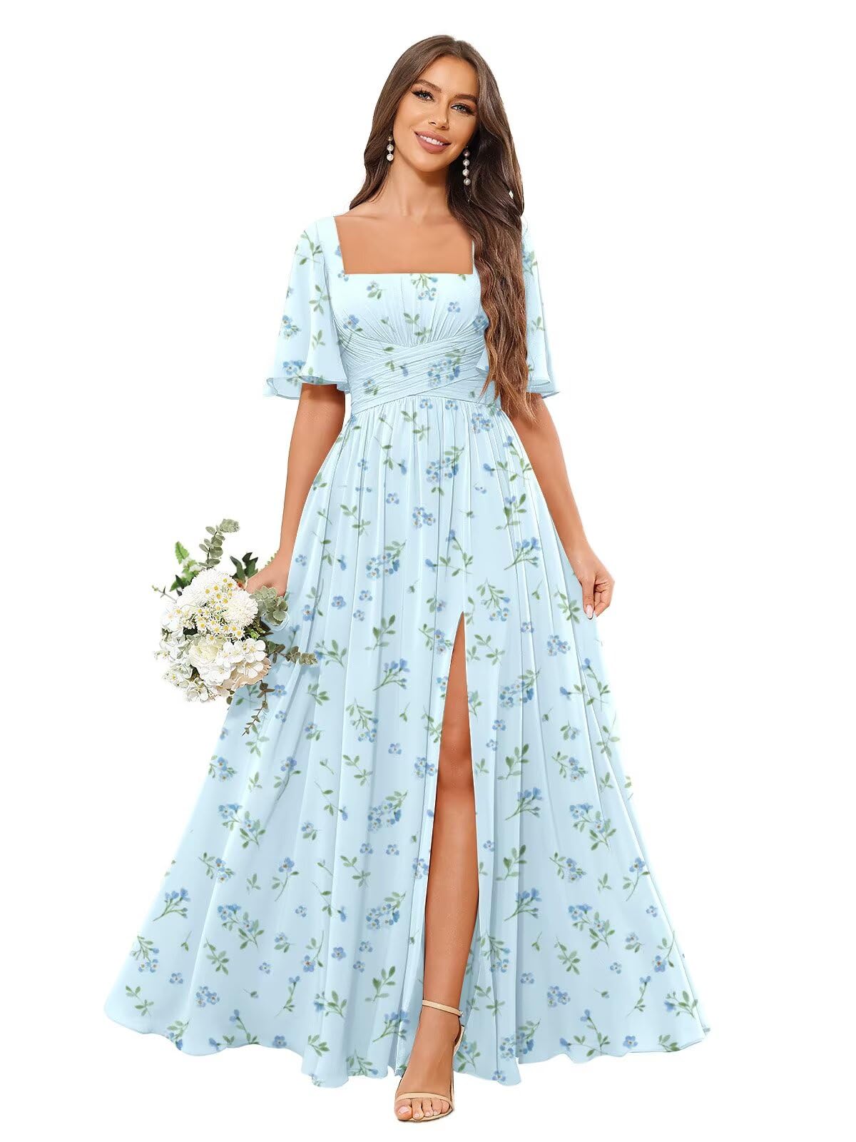Square Neck Bridesmaid Dresses with Slit Pockets Flutter Sleeve Long Chiffon Formal Wedding Guest Dress