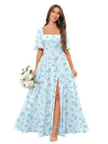 Square Neck Bridesmaid Dresses with Slit Pockets Flutter Sleeve Long Chiffon Formal Wedding Guest Dress