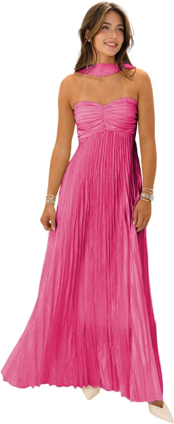 Flowy Chiffon Bridesmaid Prom Dress with Scarf Strapless Pleated Formal Evening Dresses
