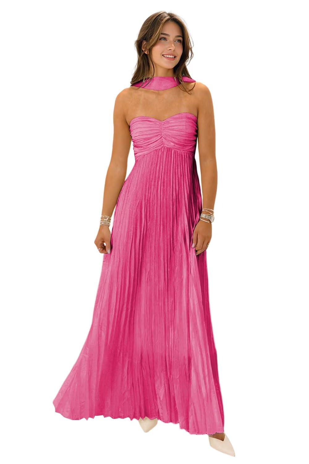 Flowy Chiffon Bridesmaid Prom Dress with Scarf Strapless Pleated Formal Evening Dresses