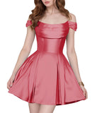 Satin Homecoming Dresses Short Wedding Dresses 2026 Off Shoulder Prom Dress with Pockets A Line Formal Party Gown