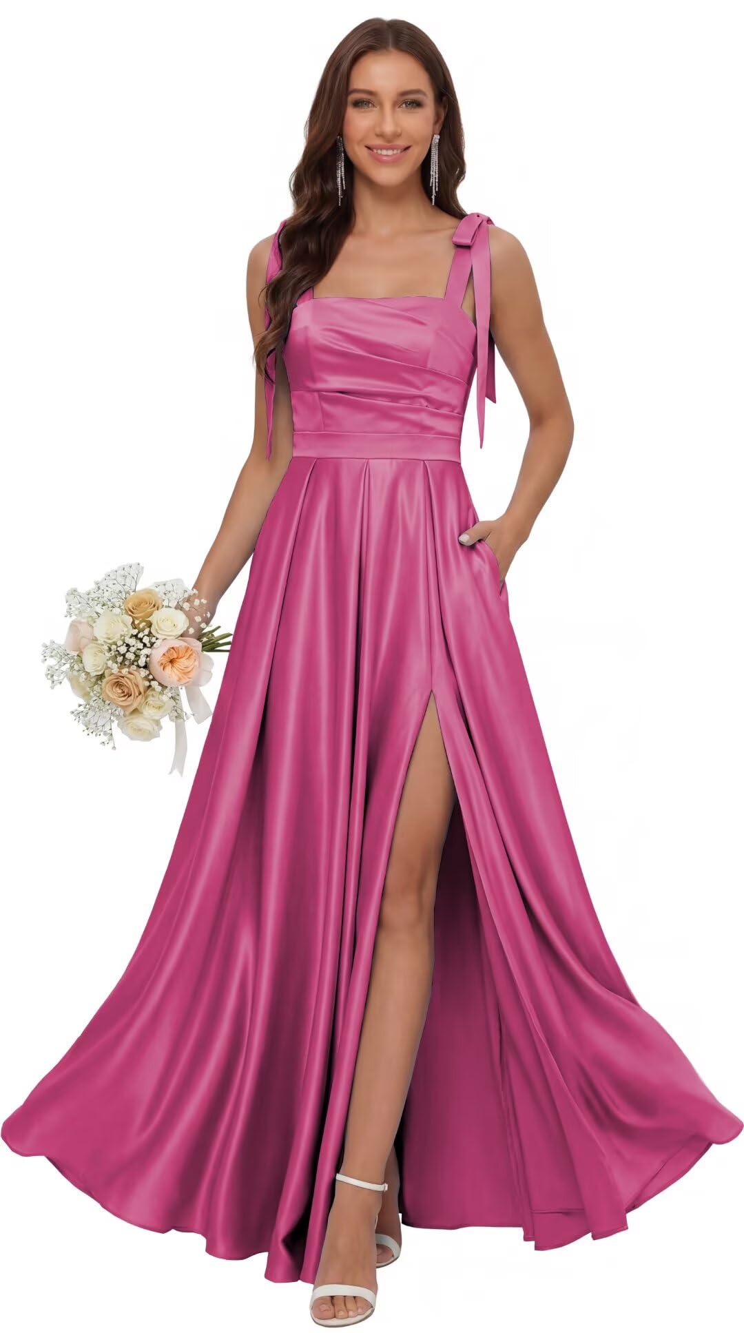 Satin Bridesmaid Dresses with Slit Spaghetti Straps Square Neck Long Formal Evening Dress