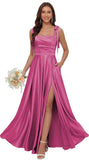 Satin Bridesmaid Dresses with Slit Spaghetti Straps Square Neck Long Formal Dress