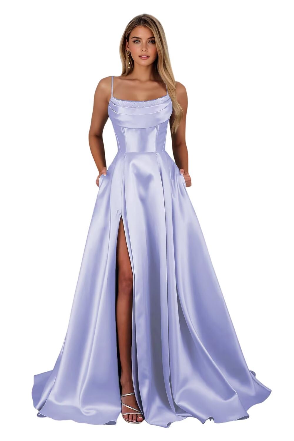 Satin Prom Dresses for Teens Long A-Line Cowl Neck Formal Evening Gown with Slit 2026 Maxi Ball Gowns