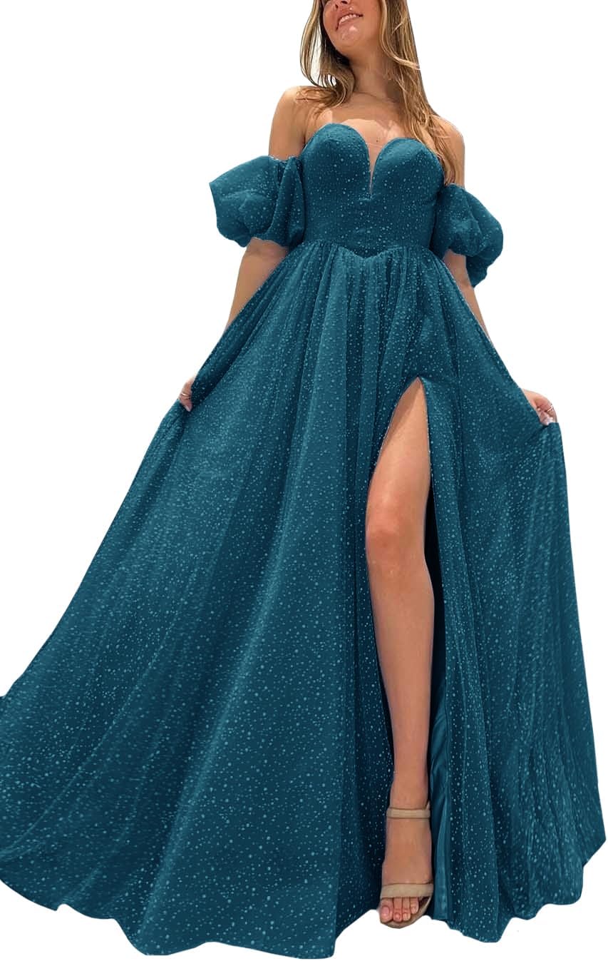 Tulle Prom Dresses for Women 2027 Sparkly Puffy Sleeves Long Ball Gowns with Slit A-Line Evening Dresses