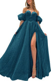 Tulle Prom Dresses for Women 2027 Sparkly Puffy Sleeves Long Ball Gowns with Slit A-Line Evening Dresses