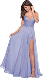Women's Lace Appliqued Chiffon Prom Dresses Long with Slit Spaghetti Straps V Neck Formal Party Gowns