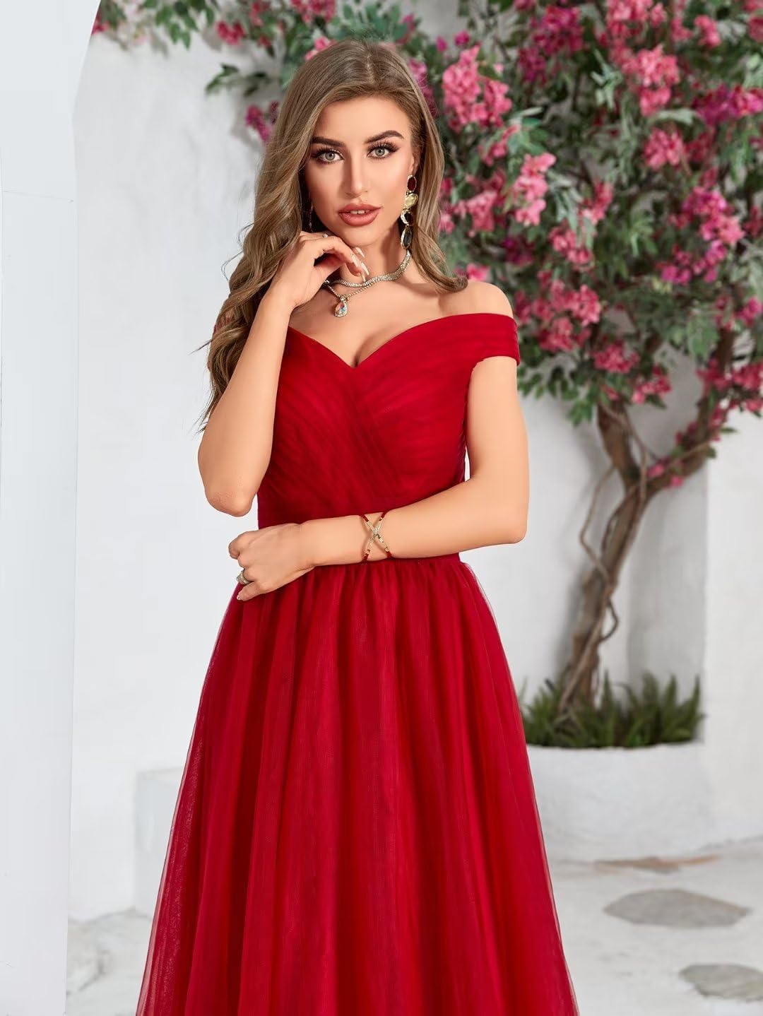 Schulterfreies Ballkleid, langes Ballkleid für Damen, A-Linie, Herzausschnitt, mehrlagiges Tüllkleid für Hochzeit, Abendparty 