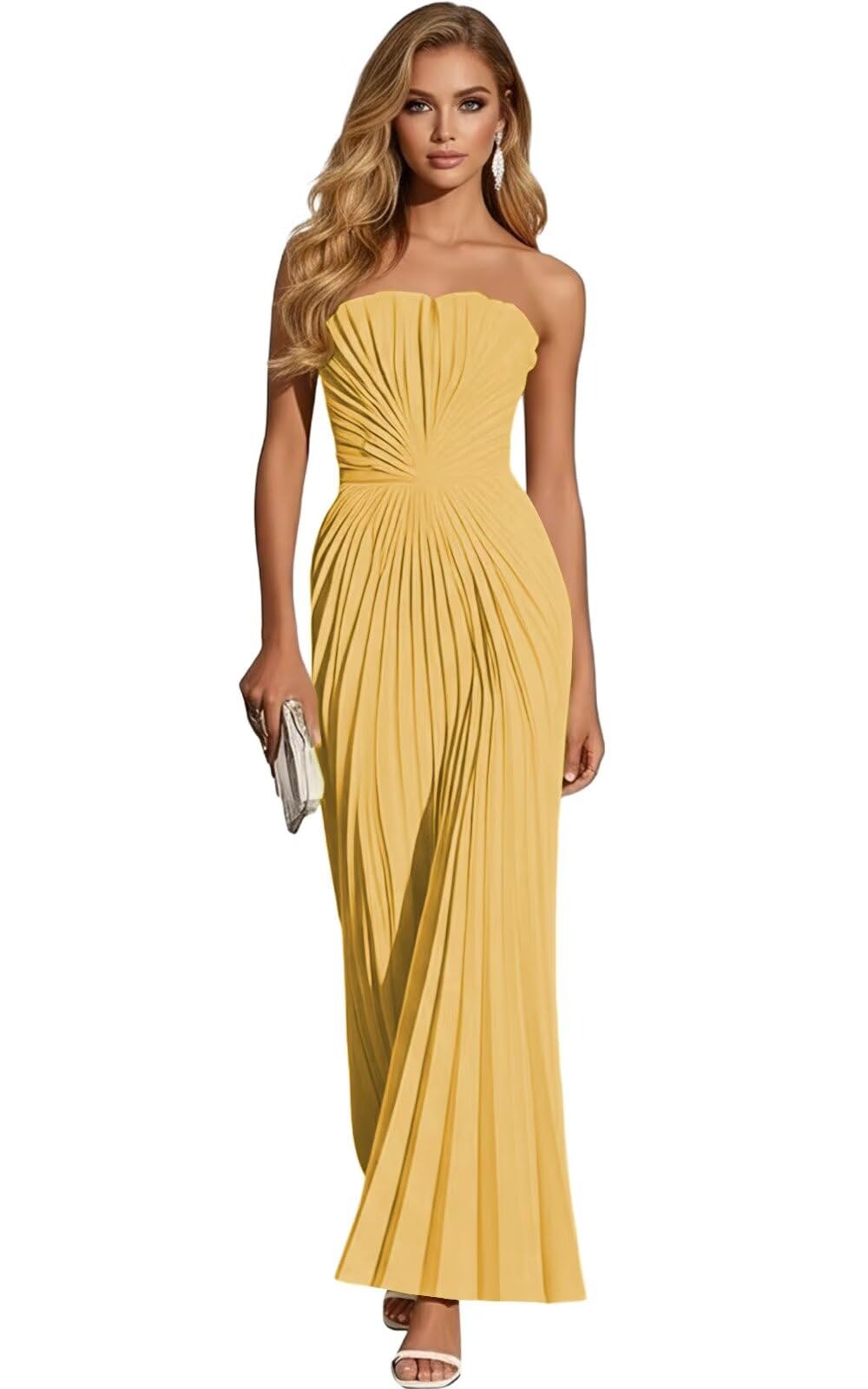 Women's Strapless Pleated Bridesmaid Dress Elegant Sweetheart Neck Formal Prom Gown for Wedding Guest