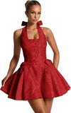 Satin Jacquard Halter Homecoming Dresses with Bow for Teens Mini A-Line Puffy Cocktail Corset Evening Party Gown