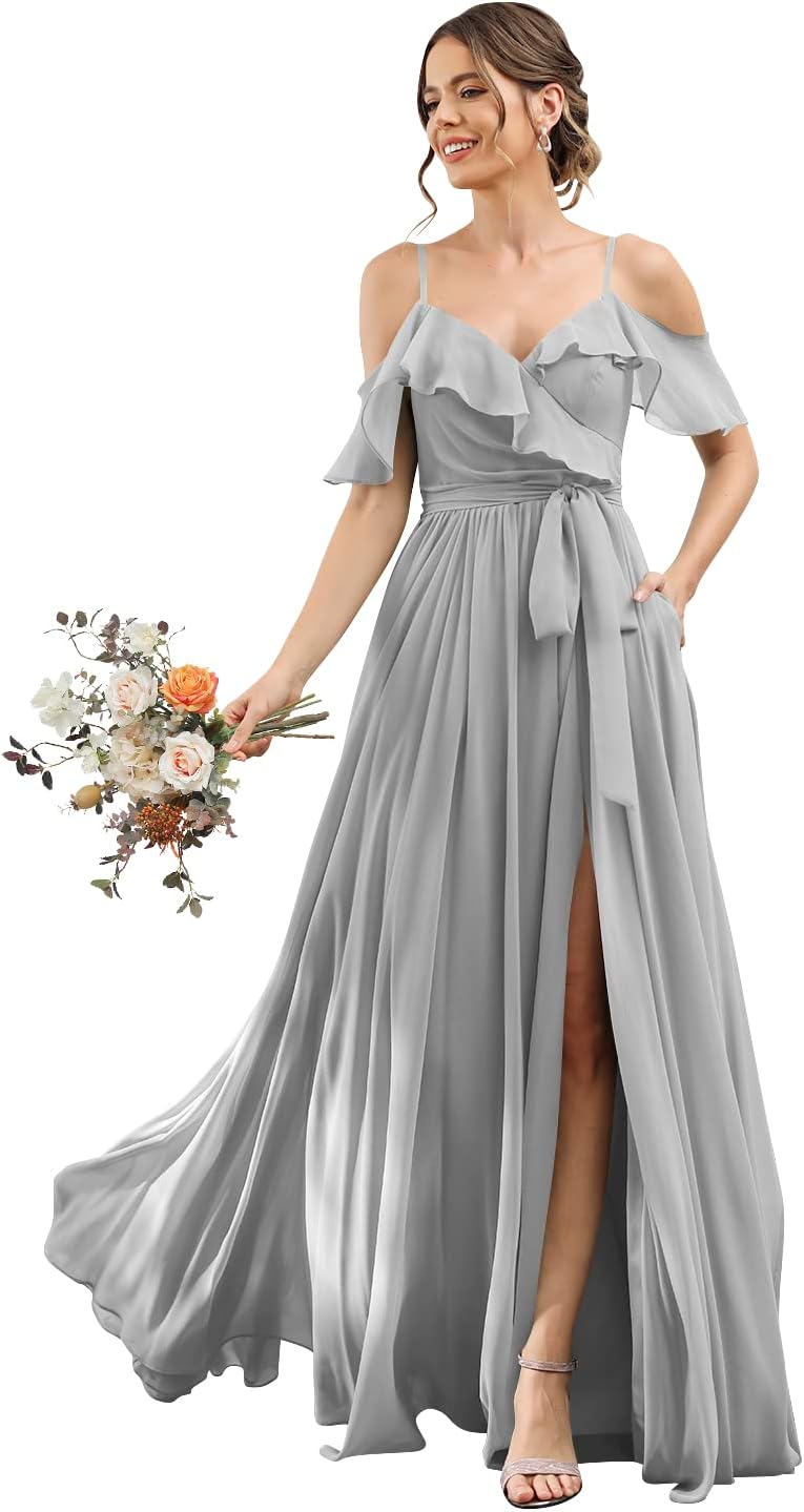Women's Bridesmaid Dresses with Slit Long Cold Shoulder Chiffon Formal Party Dress with Pockets