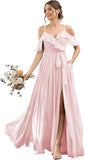 Women's Bridesmaid Dresses with Slit Long Cold Shoulder Chiffon Formal Party Dress with Pockets