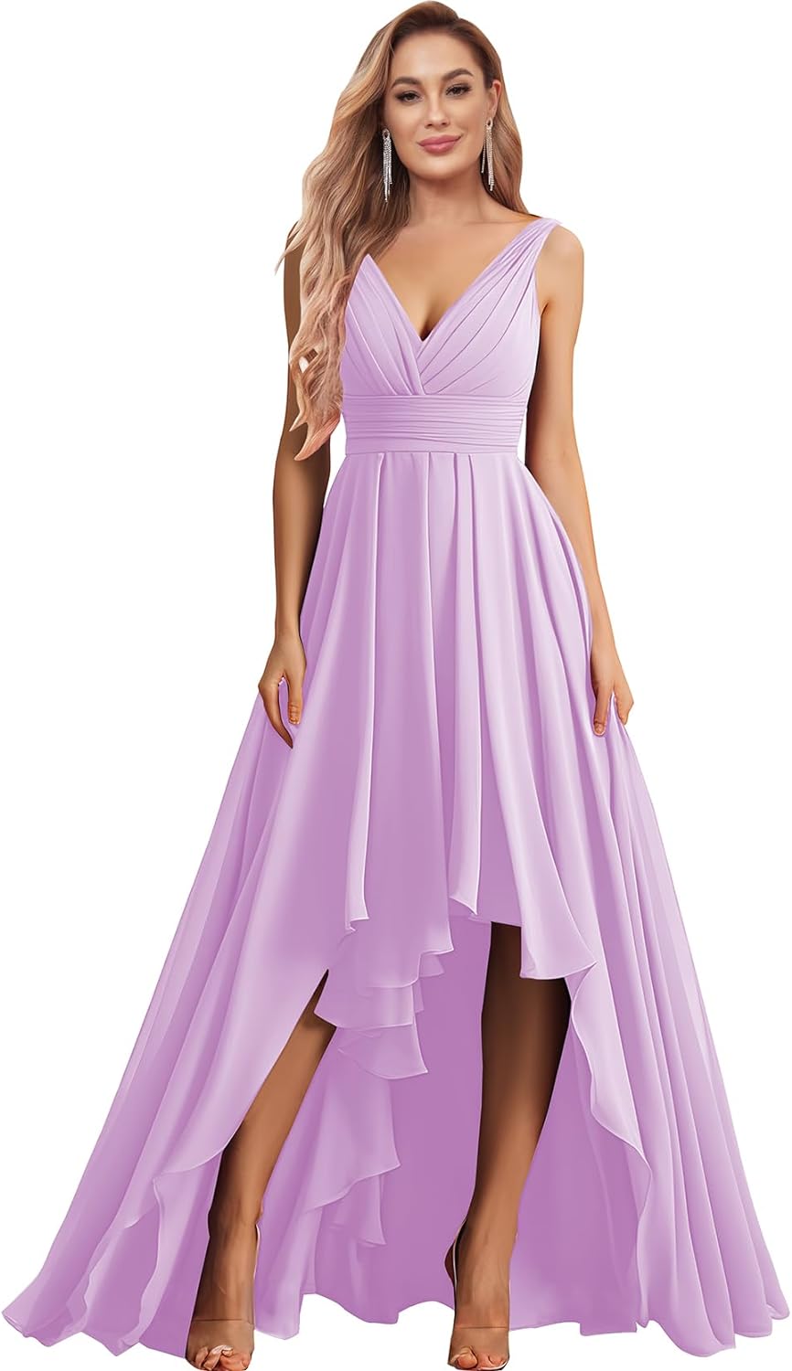 Vestidos de dama de honor con escote en V para mujer, para boda, con bolsillos, de gasa fruncida, largos, formales, para fiesta de graduación y noche.